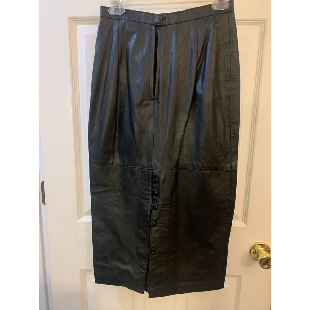 VINTAGE LEATHER SKIRT BLACK MIDI LENGTH Y2K OFFICE SIREN BUTTON DETAILS SZ 7/8